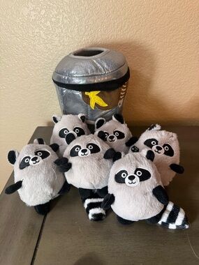 Cute Raccoon Plush Hideaway set trashcan  6 Mini Stuffed Animals